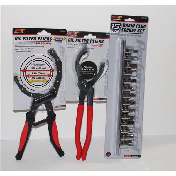TWO DIFFERENT OIL FILTER PLIERS, AND 15PC DRAIN