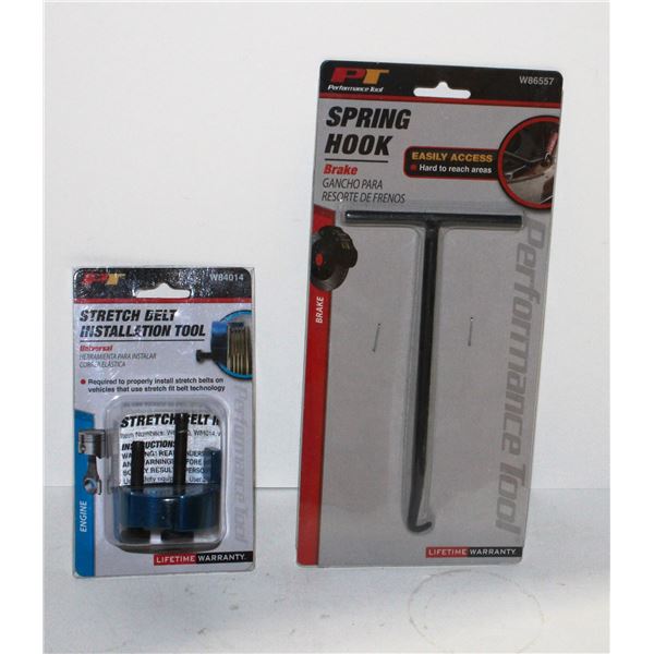 STRETCH BELT INSTALLATION TOOL, AND SPRING HOOK