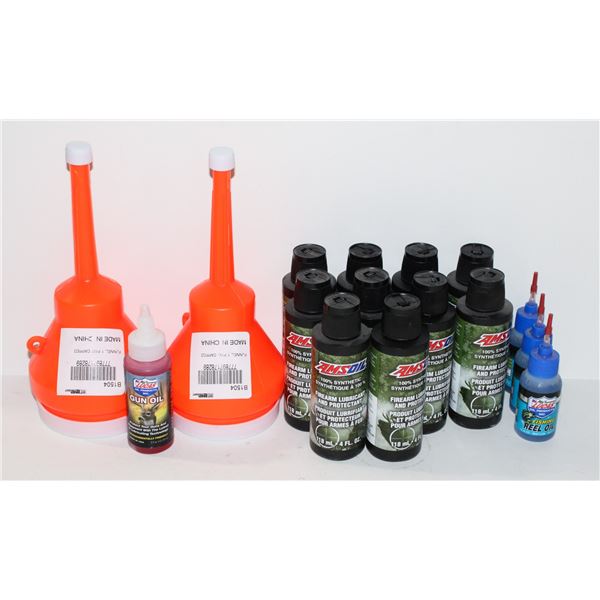TWO FUNNELS, GUN OIL, FIREARM LUBRICANT, AND