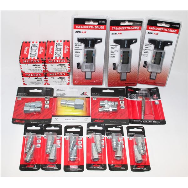 LOT OF TIRE DEPTH GAUGES, AIR COMPRESSOR HOSE/