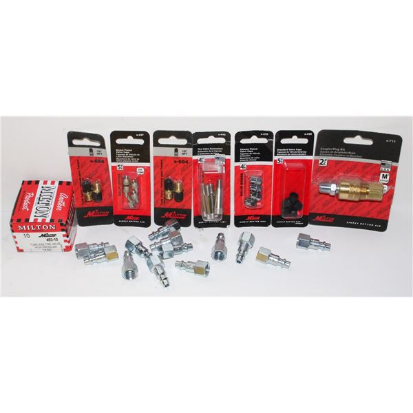 LOT OF AIR TOOL FITTINGS, VALVE CAPS, AND MORE