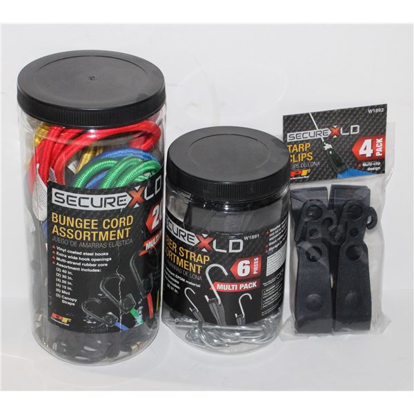 LOT OF ASSORTED BUNGEES AND PACK OF TARP CLIPS
