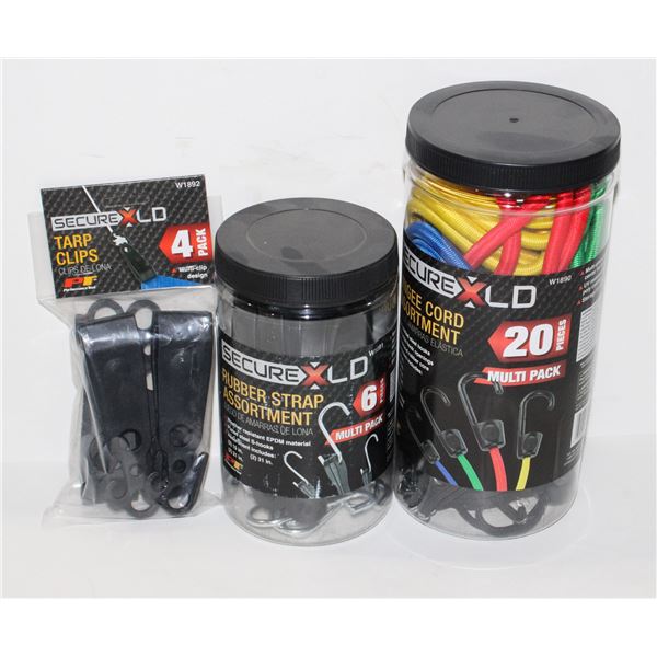 LOT OF ASSORTED BUNGEES AND PACK OF TARP CLIPS