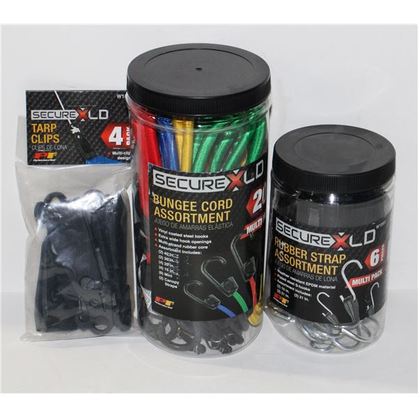 LOT OF ASSORTED BUNGEES AND PACK OF TARP CLIPS