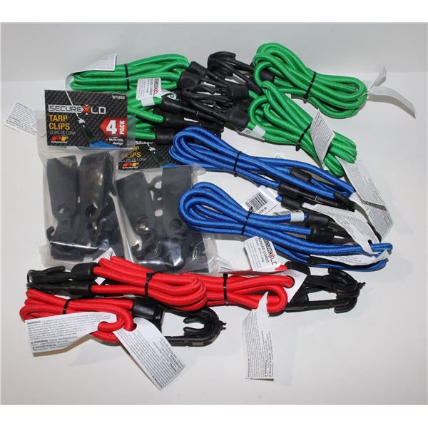 LOT OF ASSORTED BUNGEES AND PACK OF TARP CLIPS