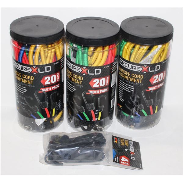 LOT OF ASSORTED BUNGEES AND PACK OF TARP CLIPS