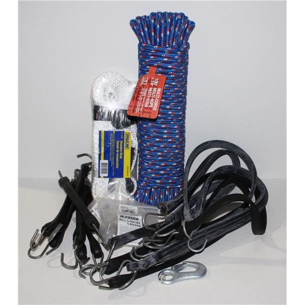LOT OF ASSORTED BUNGEES, 1" X 15' RECOVERY