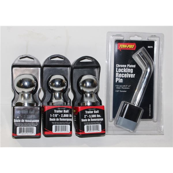 LOT OF TRAILER BALLS AND LOCKING RECEIVER PIN