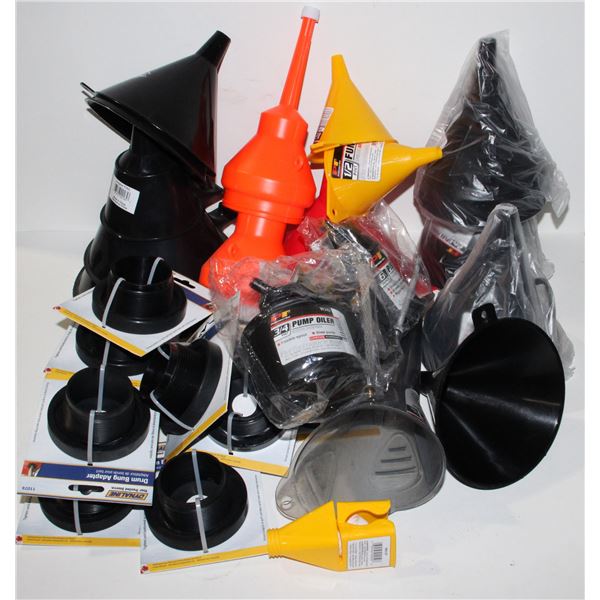 BOX OF MISC AUTOMOTIVE ITEMS INCLUDING FUNNELS,