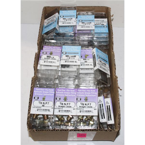 LOT OF GREASE FITTINGS, ENGINE STUDS, AND MORE