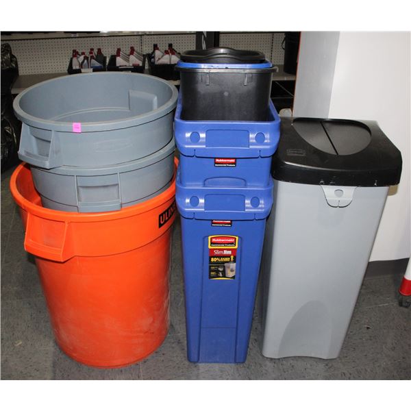 LARGE LOT OF GARBAGE CANS, RECYCLING CANS