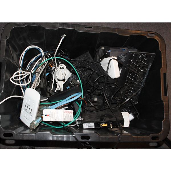 LARGE TOTE OF TECH ITEMS, NOT ALL LIKELY COMPLETE