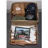 Image 1 : TWO BOXES OF "MERCH" INCLUDING T-SHIRTS, HATS,