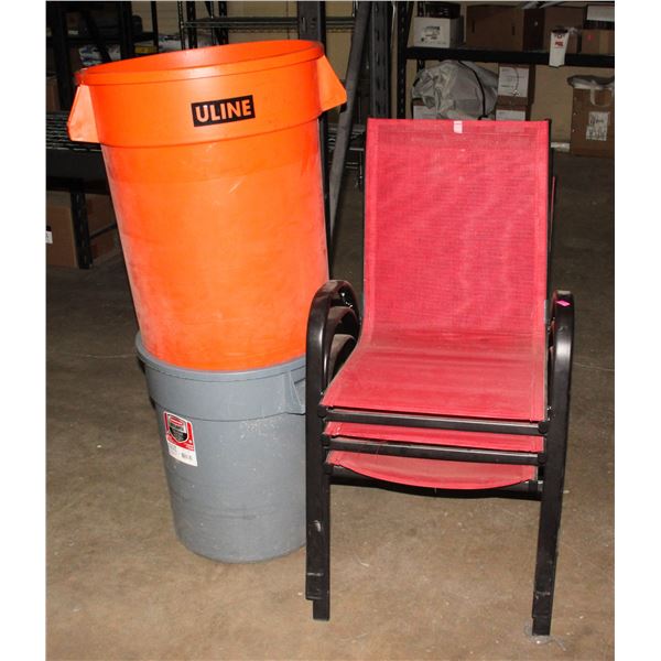 THREE PATIO CHAIRS AND GARBAGE CANS (NO LIDS)