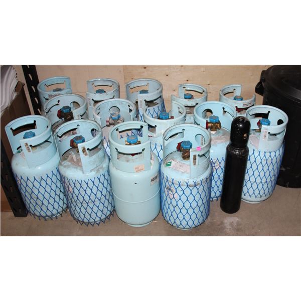 LOT OF R134A EMPTY TANKS, GARBAGE CAN FULL OF