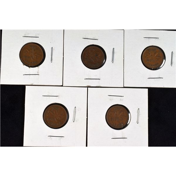 5 Canada Pennies 1940, 1942, 1943, 1944 & 1945