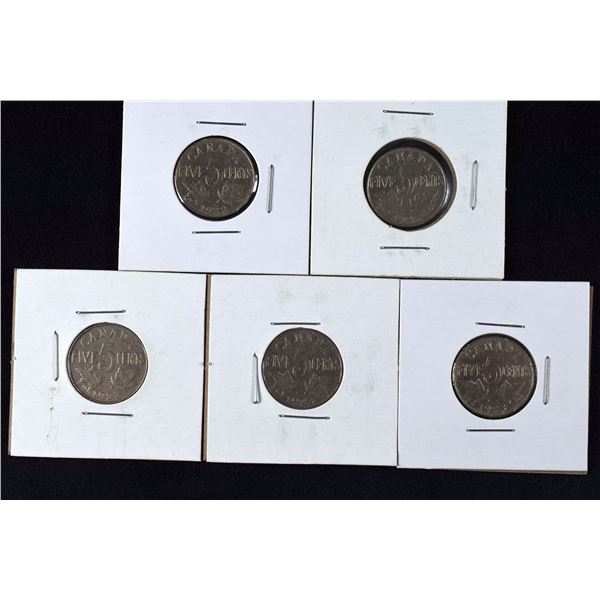 5 Canada Nickels 1922 x 2, 1923 x 3