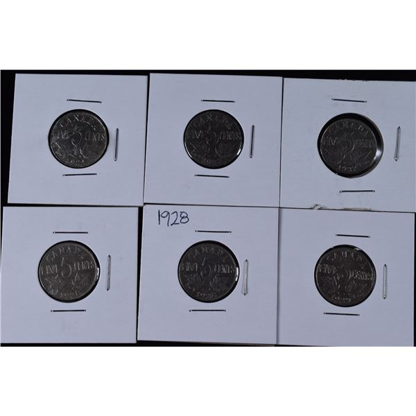 6 Canada Nickels 1924, 1927 x 2, 1928 x 2, 1929