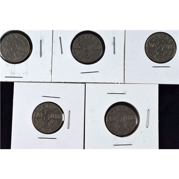 5 Canada Nickels 1929, 1930 x 2 1931 x 2