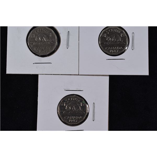3 Canada Nickels 1947 x 3 - 2 with ML, 1 without