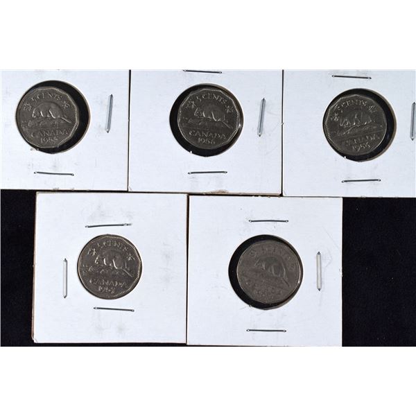 5 Canada Nickels 1955, 1956 x 2, 1957 x 2