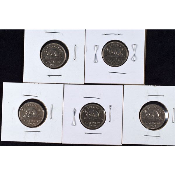 5 Canada Nickels 1968 x 2, 1969 x 3