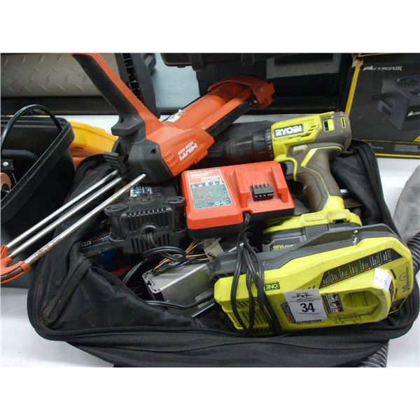 Ryobi 18V Cordless Drill, Milwaukee Battery w/Charger, Hiliti  HDM500 Chaulk Gun w/Duffle