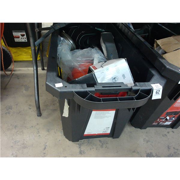 Large Tote w/Plumbing Supplies, Mini Compressor, Coleman LP Tank, Asst. Tools, Supplies