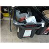 Image 1 : Large Tote w/Plumbing Supplies, Mini Compressor, Coleman LP Tank, Asst. Tools, Supplies