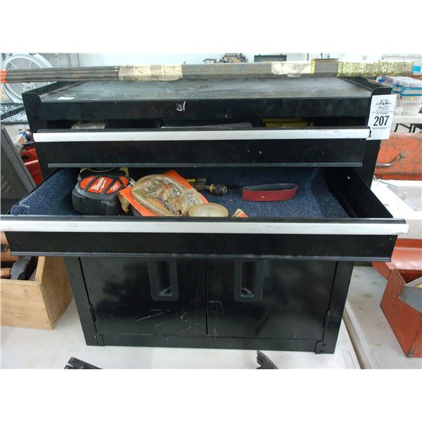 Black Metal Storage Cabinet w/Some Supplies