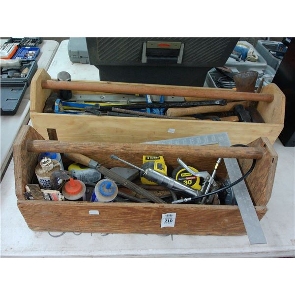 Wooden Toolboxes w/Grease Guns, Crow Bars, Sledge Hammers, Tape Measures