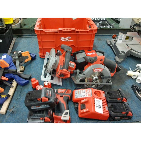 Milwaukee Cordless Circular Saws, Radio, Drill w/Batteries/Charger, Pack Out