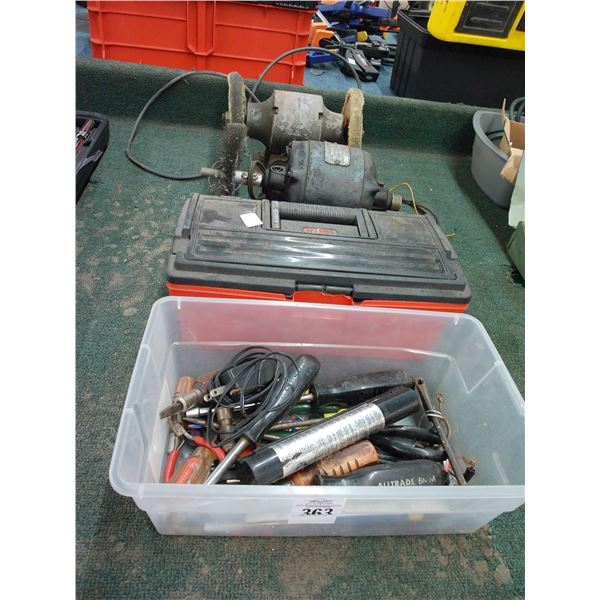Tools, Bench Grinder, Wire Wheel, Toolbox w/Supplies