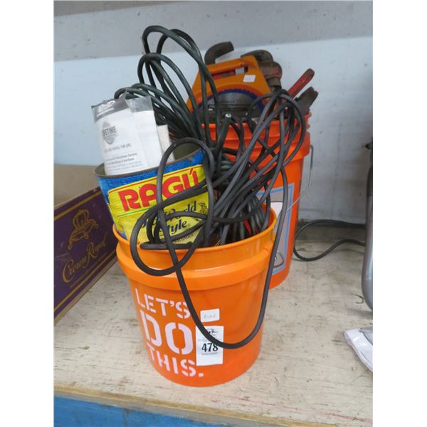 Buckets 2 w/Sand Paper Belts, Lighting, Gun Staples, Plastic Storage Bins