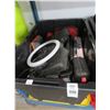 Image 1 : Lidded Tote w/Steering Wheel Puller, Flooring Installation Kit, Hitachi Cordless Drill, Asst. Tools