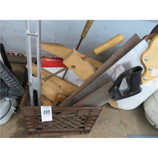 Bin w/Hand Saws, Wood Clamps, Level
