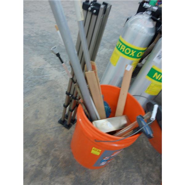 Homer Bucket w/Rebar, Stirring Sticks, Tool Handle, Tent Stand