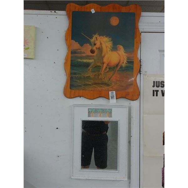 Unicorn Wall Art on Wood w/Palm Tree Motif Mirror