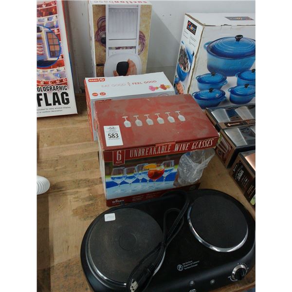 Double Electric Range, Wine Glasses, Waffle Maker, Mandeline Slicer