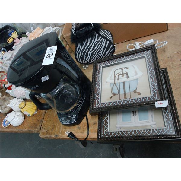 Coffeemaker, Bag Style Lamp, Lavatory Artwork w/Light Fixture
