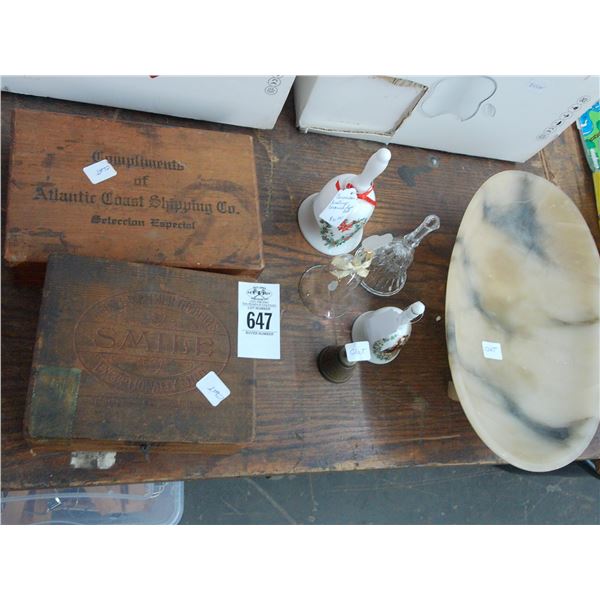 Alabaster Footed Bowl, Collector Bells, Wooden Boxes
