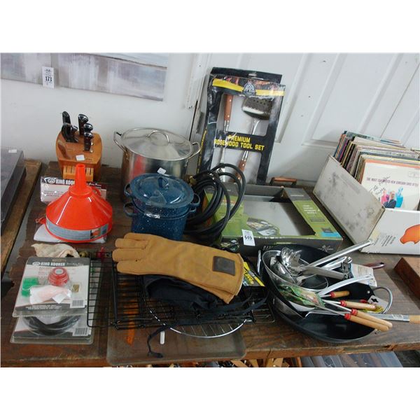 Large Lot w/BBQ Griddle, Knive Block, Funnel, Gloves, Cookware