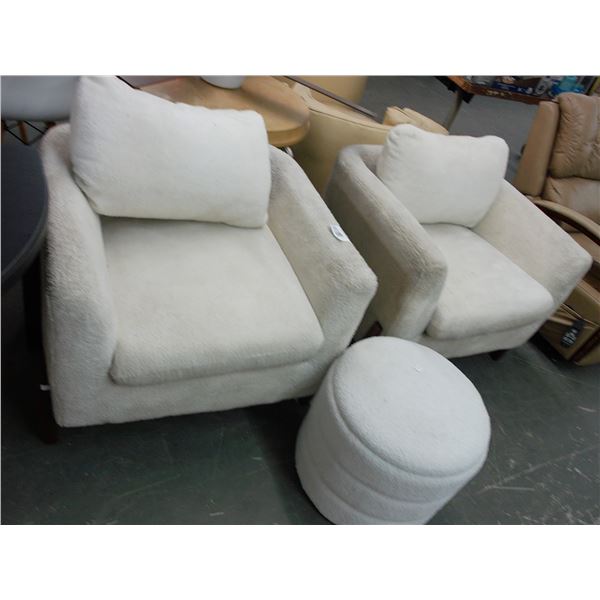 Contemporary Bone Cloth w/Mahogany Footed Chairs w/Round Ottoman - Pair