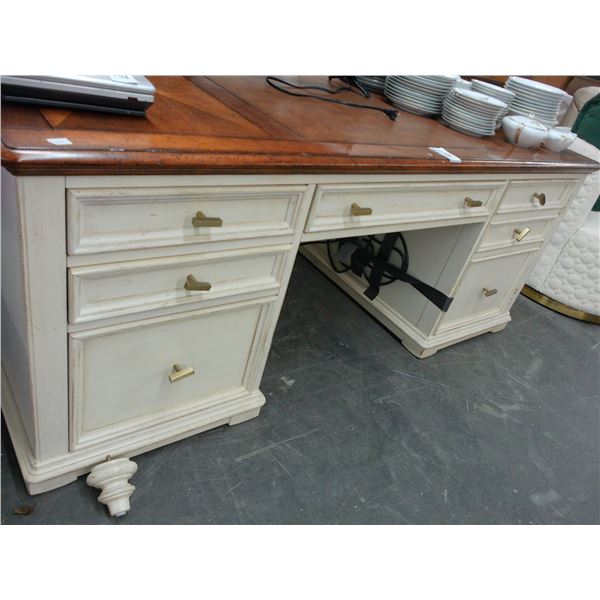 Distressed Bone w/Burl Top Executive Desk -Includes Feet