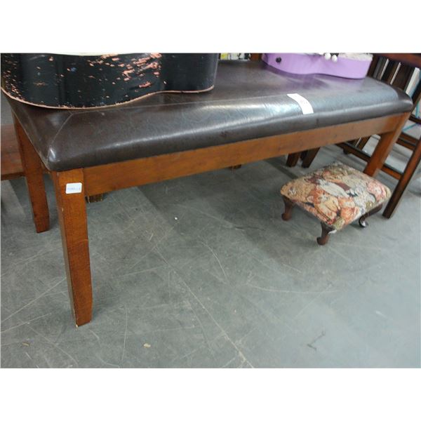 Dark Oak w/Brown Leather Padded Hall Bench, Cat Knitted Queen Anne Footed