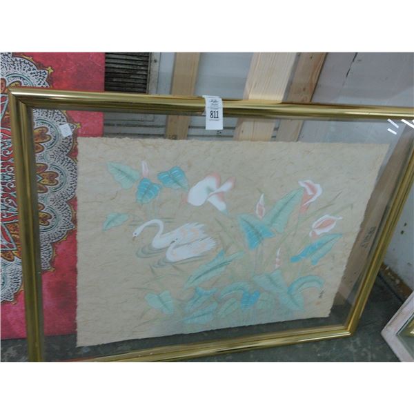Framed Floral w/Swans on Paper Wall Art