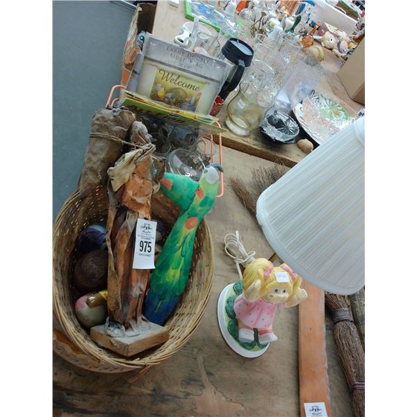 Doll Lamp, Figurines, Eggs, Basket w/Glassware
