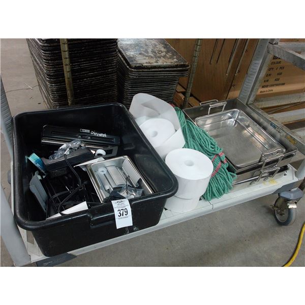 Bus Pan w/Supplies, Receipt Paper, Mop Head, Ornate Pans