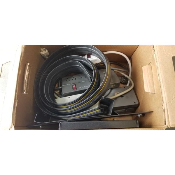 BOX OF POWER BARS, RUBBER CORD COVER AND MORE