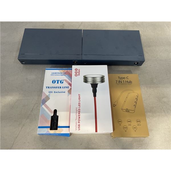 7 IN 1 HUB, USB POWERED LED LIGHT, LIGHTNING CAMERA ADAPTER AND TWO NETWORK SWITCHES